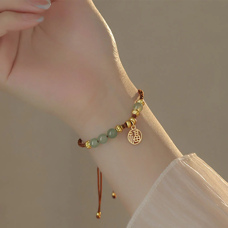 Buddha Stones Jade Beads Fu Character Blessing Rope Bracelet