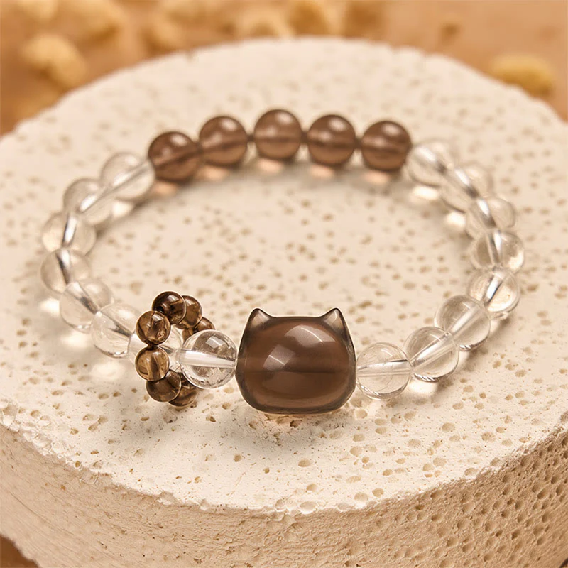 Buddha Stones Japanese Bobtail Cat Natural White Crystal Smoky Quartz Protection Bracelet