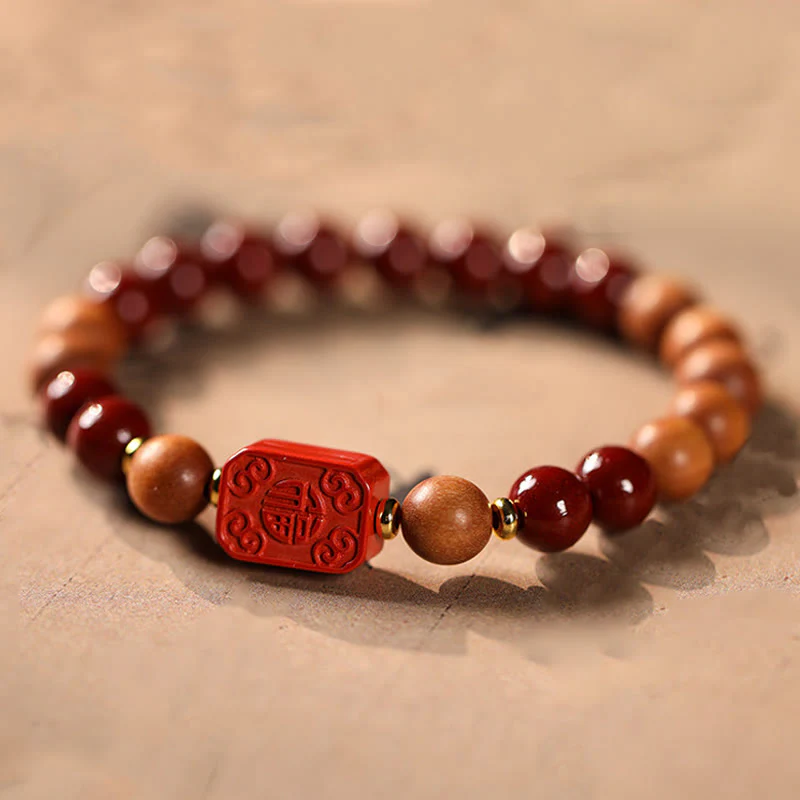 Buddha Stones Cinnabar Wood Beads Lotus Fu Character Blessing Bracelet