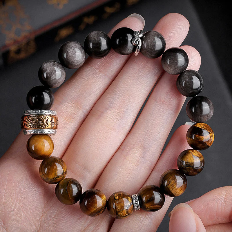 Buddha Stones Natural Silver Sheen Obsidian Tiger's Eye Six True Words 'Om Mani Padme Hum' Strength Bracelet