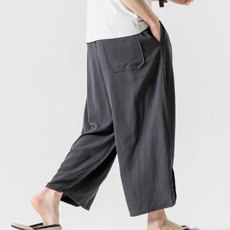 Buddha Stones Casual Loose Frog-Button Plain Men's Cotton Linen 7-8 Length Pants With Pockets