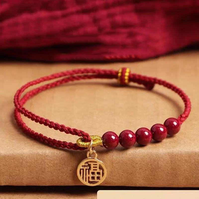 Buddha Stones Cinnabar Fu Character Beads Blessing Red String Handmade Braided Bracelet