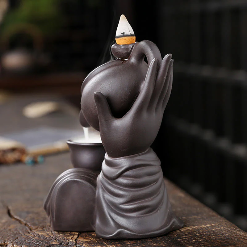 Buddha Stones Buddha Hand Holding Teapot Cup Ceramic Backflow Smoke Fountain Healing Incense Burner Decoration