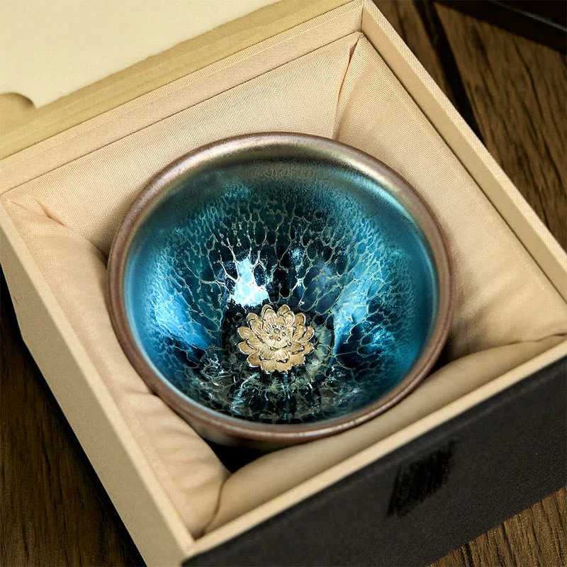 Buddha Stones Handmade Chinese Jianzhan Lotus Blue Ceramic Teacup Kung Fu Tea Cup 150ml