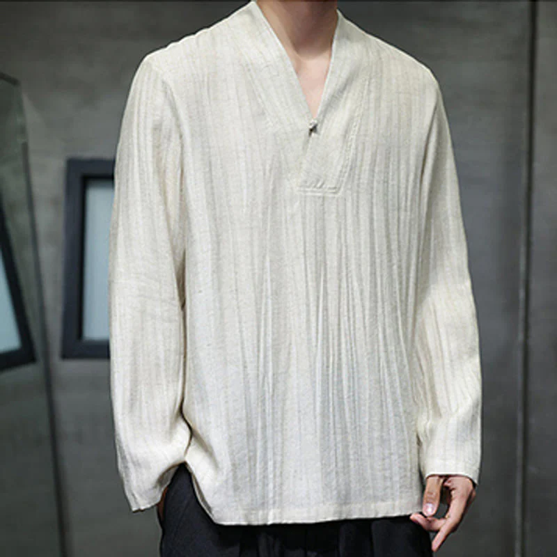 Buddha Stones Plain V-Neck Long Sleeve Men's Linen Shirt