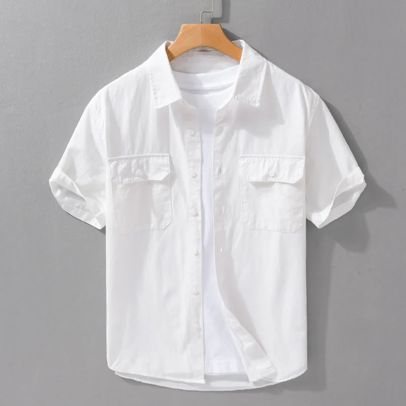 Buddha Stones Daily Casual Pure Color Lapel Men's Short Sleeve Cotton Linen Shirt With Pockets