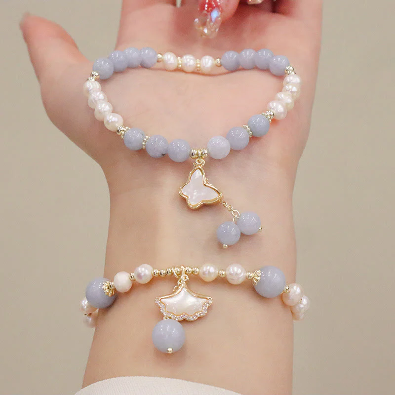 Buddha Stones Natural Aquamarine Pearl Healing Ginkgo Leaf Butterfly Charm Bracelet