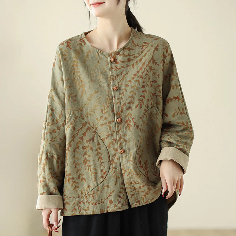Buddha Stones Leaf Print Women's Cotton Linen Jacket With Pockets