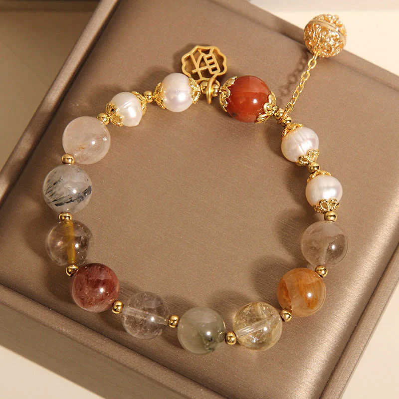 Buddha Stones Natural Rutilated Quartz Pearl Attract Fortune Wealth Bracelet