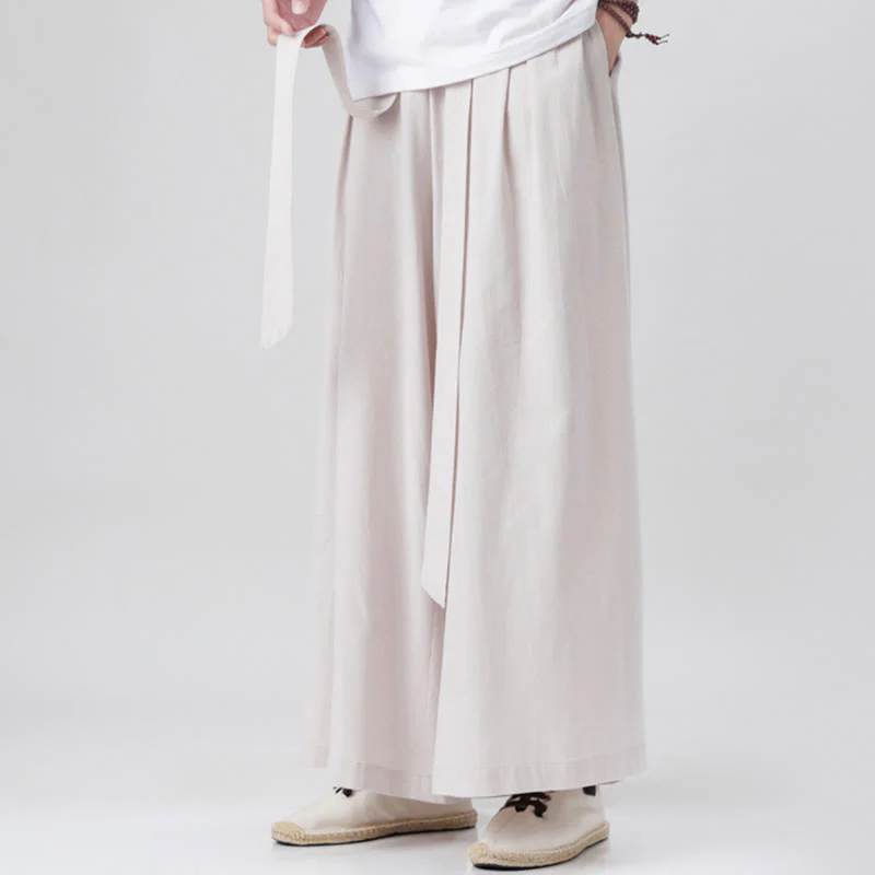 Buddha Stones Spring Casual Sports Drawstring Design Men's Cotton Linen Wide Leg Pants With Pockets