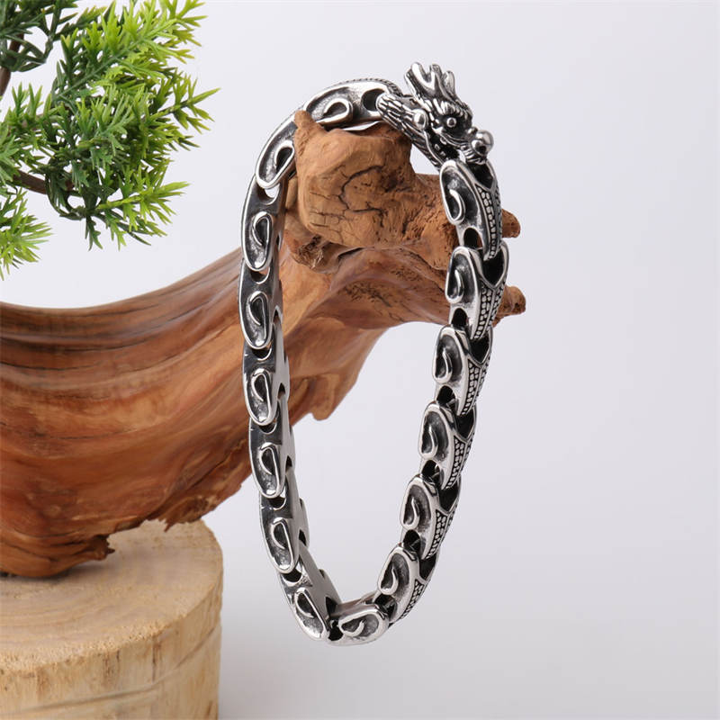 Buddha Stones Dragon Titanium Steel Luck Bracelet Bangle