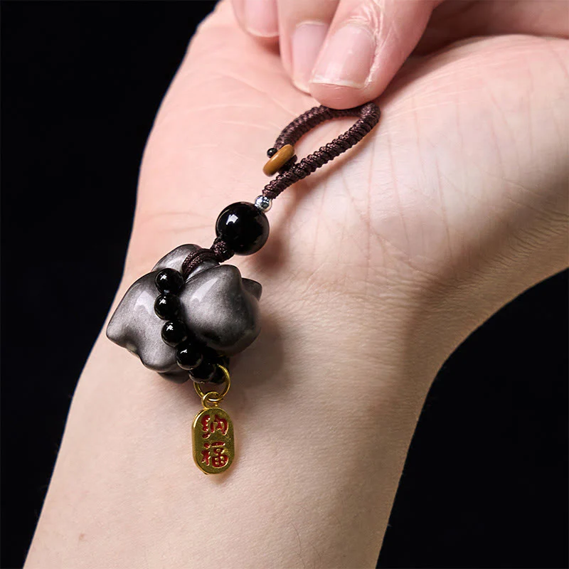 Buddha Stones Silver Sheen Obsidian Black Obsidian Gold Sheen Obsidian Cute Cat Fu Character Protection Key Chain Phone Hanging Decoration
