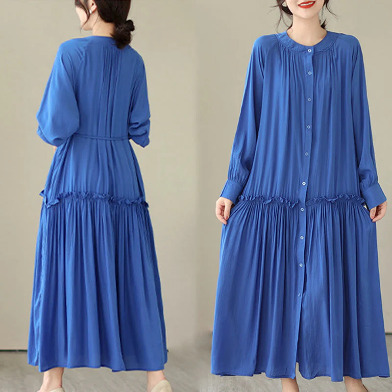 Buddha Stones Casual Plain Crew Neck Pleated Polyester Midi Dress With Pockets