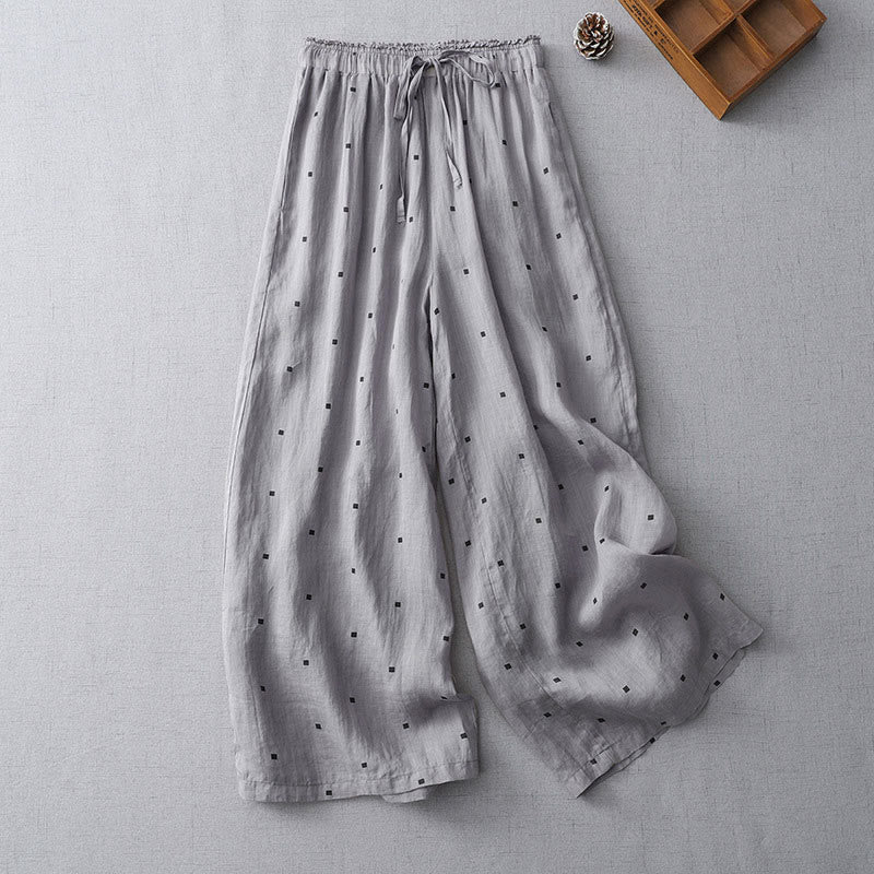 Buddha Stones Summer Casual Polka Dot Pattern Design Cotton Linen Women's Wide Leg Pants With Pockets