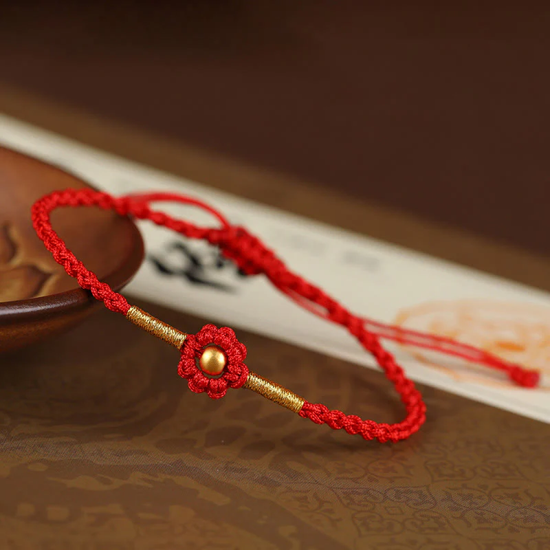 Buddha Stones 999 Gold Mini Bead Handmade Flower Design Luck Protection Rope Bracelet