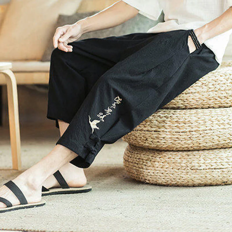 Buddha Stones Crane Embroidery Cotton Men's Cropped Harem Pants With Pockets