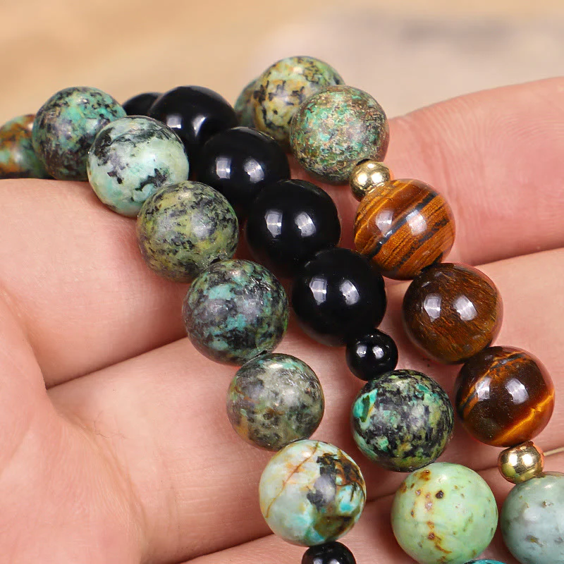 Buddha Stones 108 Mala Beads Natural Stone Tiger Eye Turquoise Protection Strength Bracelet Necklace