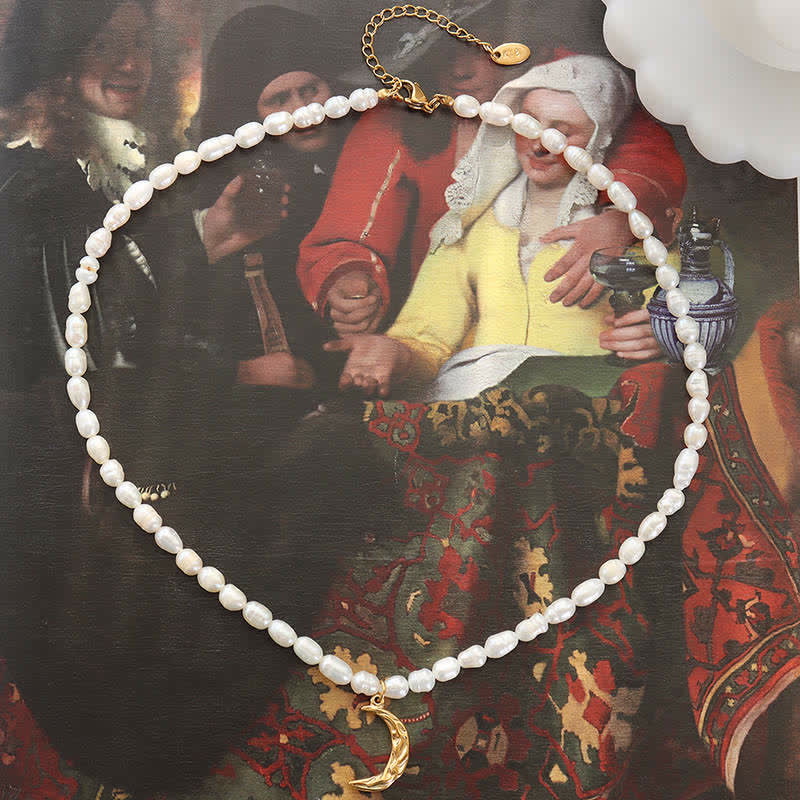 Buddha Stones Pearl Crescent Moon Calm Necklace Pendant