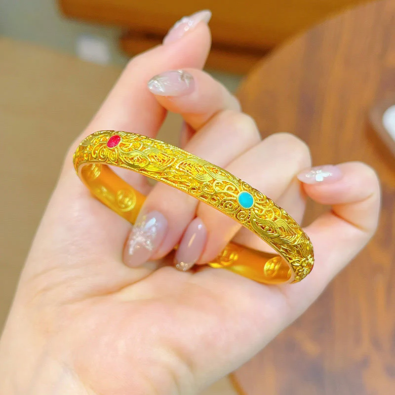 Buddha Stones Copper Plated Gold Flowers Leaves Luck Bracelet Bangle