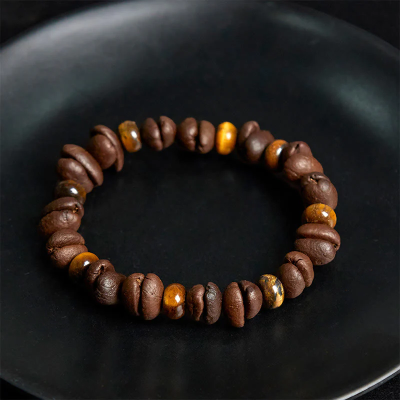 Buddha Stones Natural Coffee Beans Tiger Eye Grey Jasper Lava Rock Beads Bracelet
