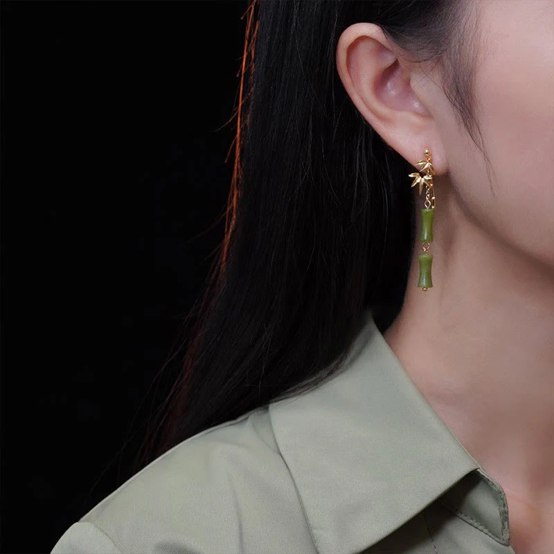 Buddha Stones 925 Sterling Silver Posts Copper Plated Gold Natural Peridot Bamboo Leaf Drop Earrings