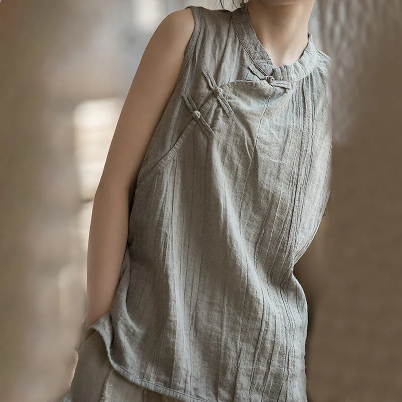 Buddha Stones Summer Tie-dye Frog-Button Ramie Cotton Sleeveless Women's Vest