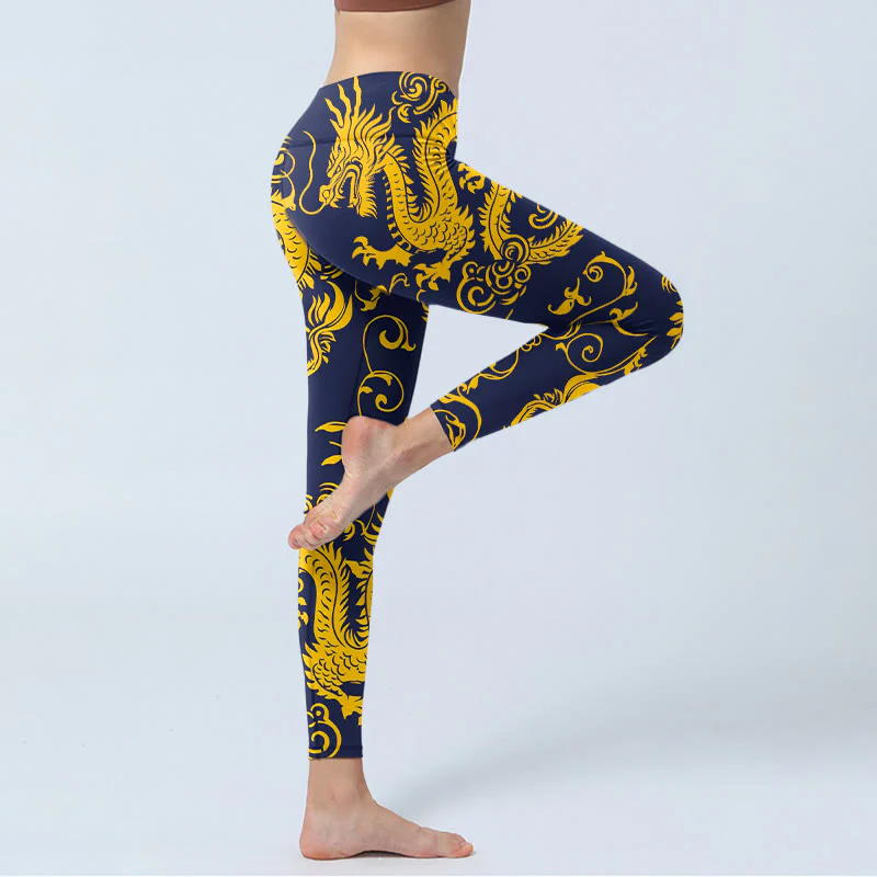 Buddha Stones Golden Dragons Vine Print Gym Leggings Women's Yoga Pants