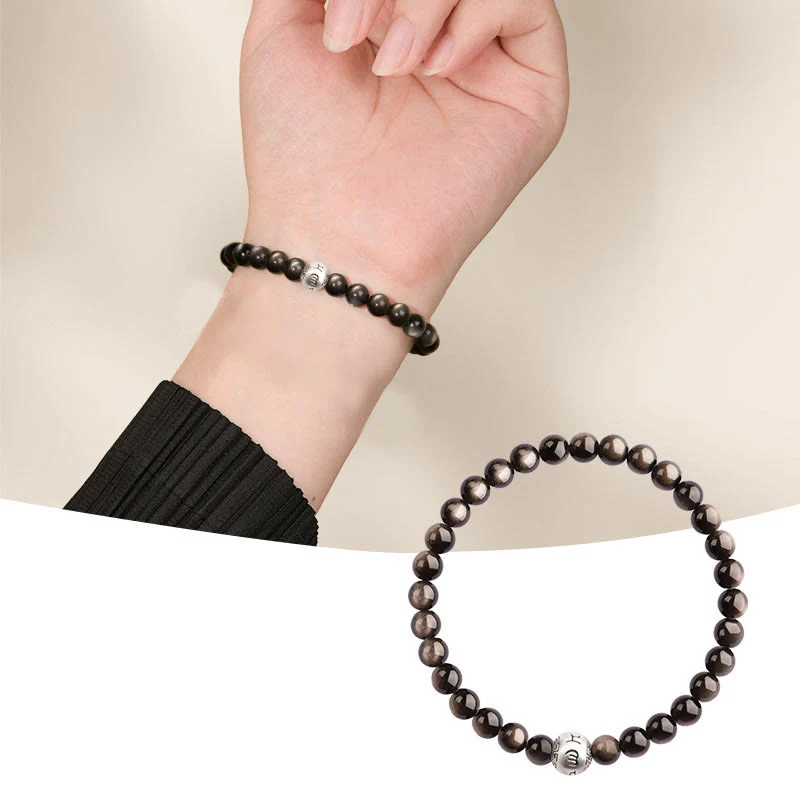 Buddha Stones Natural Silver Sheen Obsidian Om Mani Padme Hum Protection Bracelet