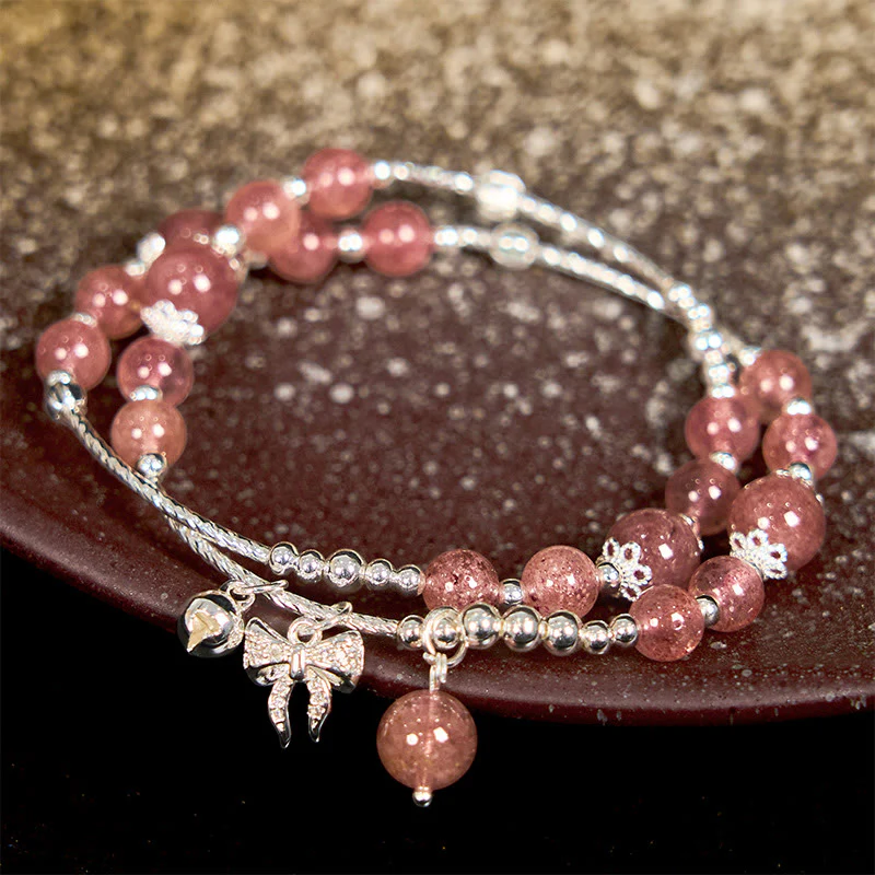 Buddha Stones Natural Strawberry Quartz Bow-knot Rosette Charm Healing Double Wrap Bracelet