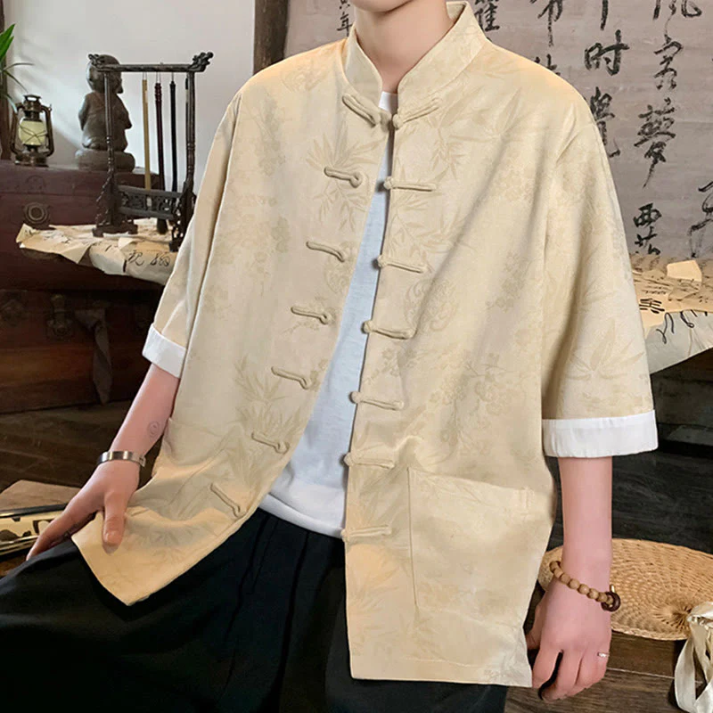 Buddha Stones Jacquard Bamboo Plum Bossom Pattern Chinese Frog-Button Design Men's Half Sleeve Cotton Shirt With Pockets