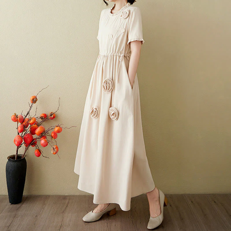 Buddha Stones Three-Dimensional Flower Design Ruffled Neck Cotton Linen Midi Dress With Pockets