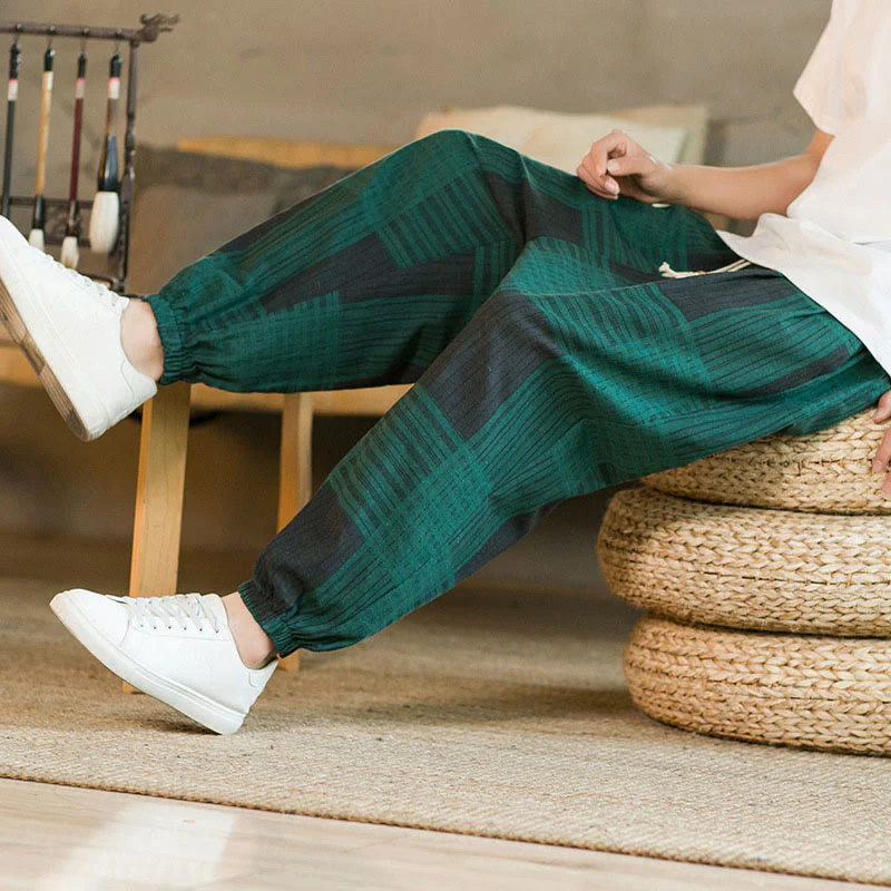 Buddha Stones Summer Checkered Stripes Cotton Linen Men's Harem Pants With Pockets