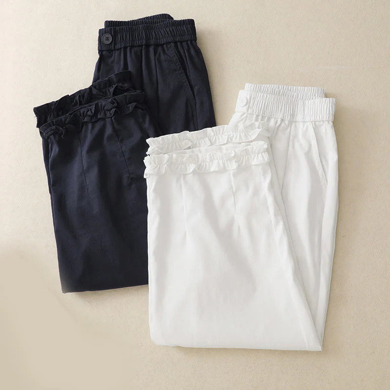 Buddha Stones Summer Button Ruffled Ankle-Length Women's Pants With Pockets