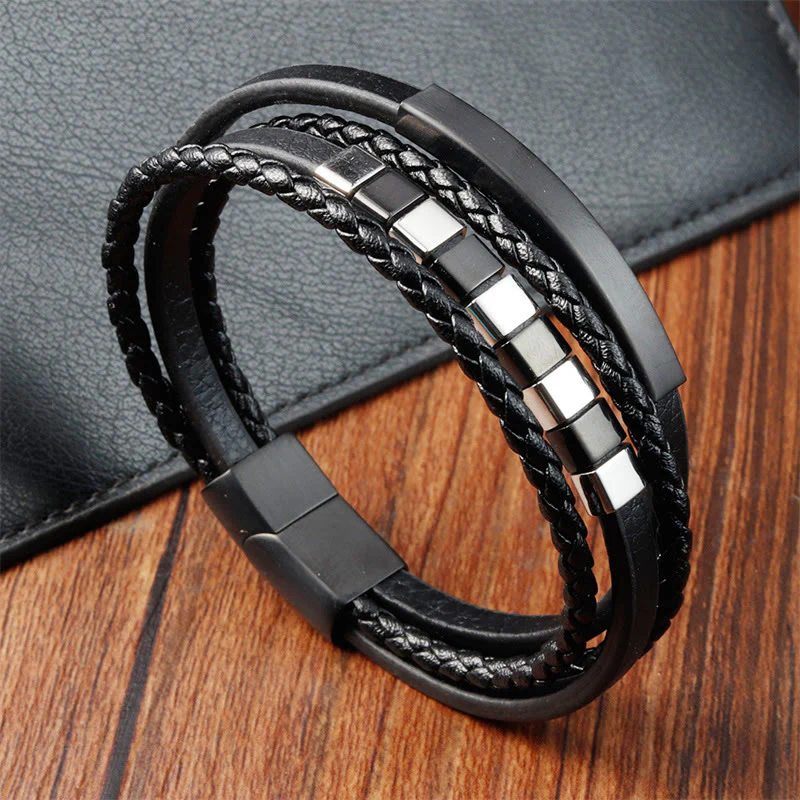 Buddha Stones Square Titanium Steel Leather Multi-layer Buckle Calm Bracelet