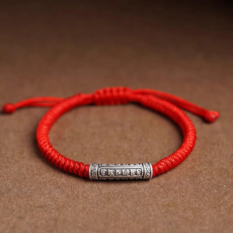 Buddha Stones Handmade 999 Sterling Silver Peace and Good Fortune Om Mani Padme Hum Luck Rope Bracelet