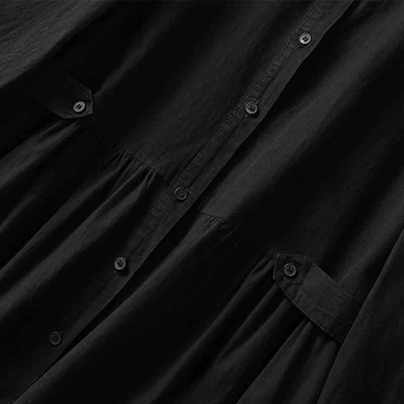 Buddha Stones Casual Plaid Pleats Buttons Design Long Sleeve Cotton Midi Dress With Pockets