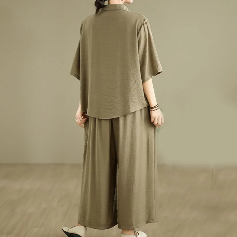 Buddha Stones 2pcs Casual Women's Stand Collar Shirt Loose Pants Meditation Clothing Set