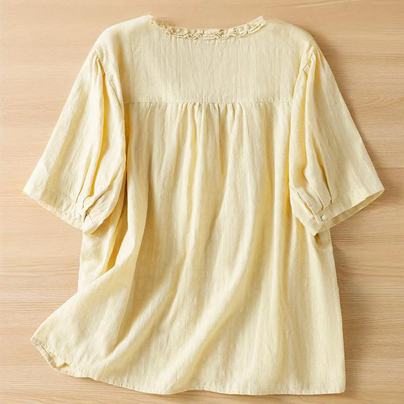 Buddha Stones Jacquard Pleated Ruffled Trim Design V-Neck Short Sleeve Women's Shirt