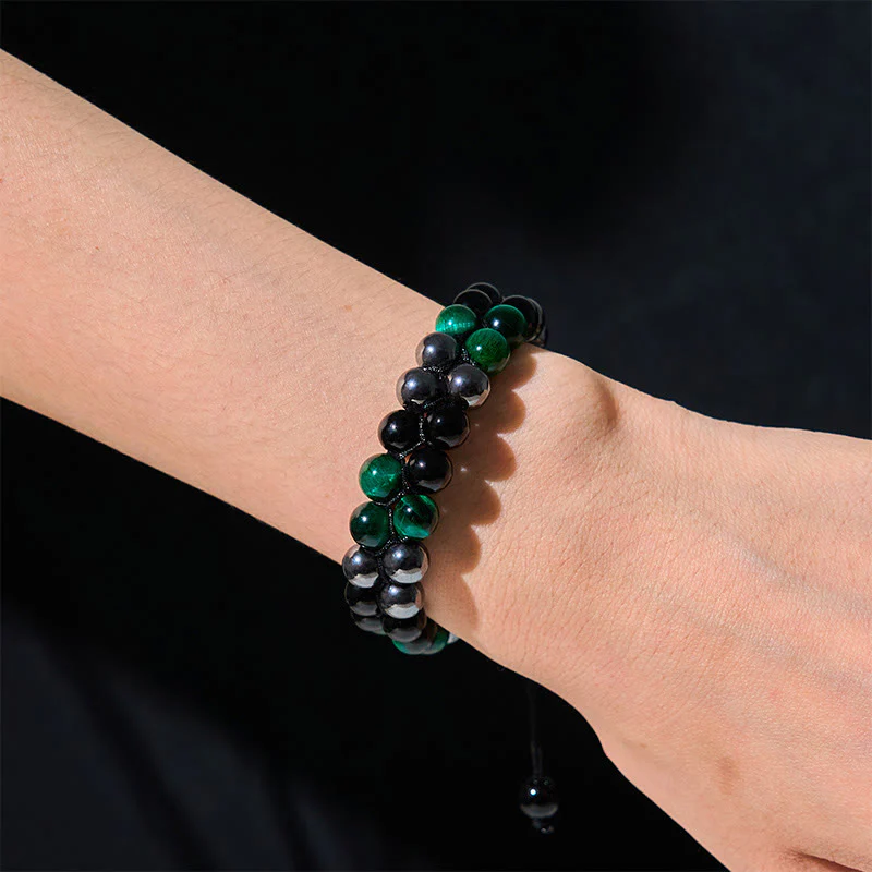 Buddha Stones Natural Green Tiger Eye Black Magnetite Black Obsidian Double Row Beads Positive Bracelet