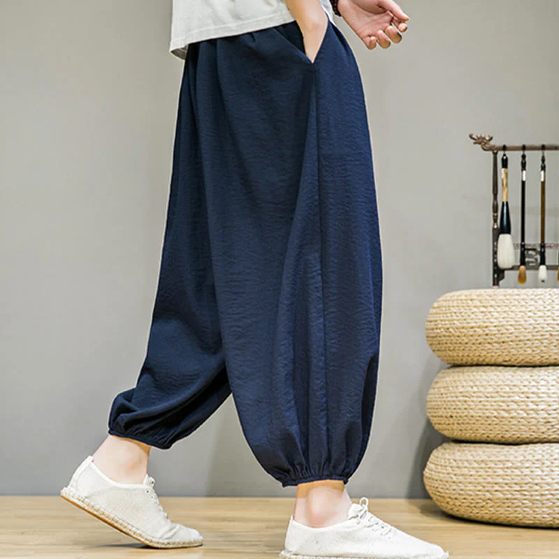 Buddha Stones Summer Plain Drawstring Men's Ankle-Length Cotton Harem Pants With Pockets