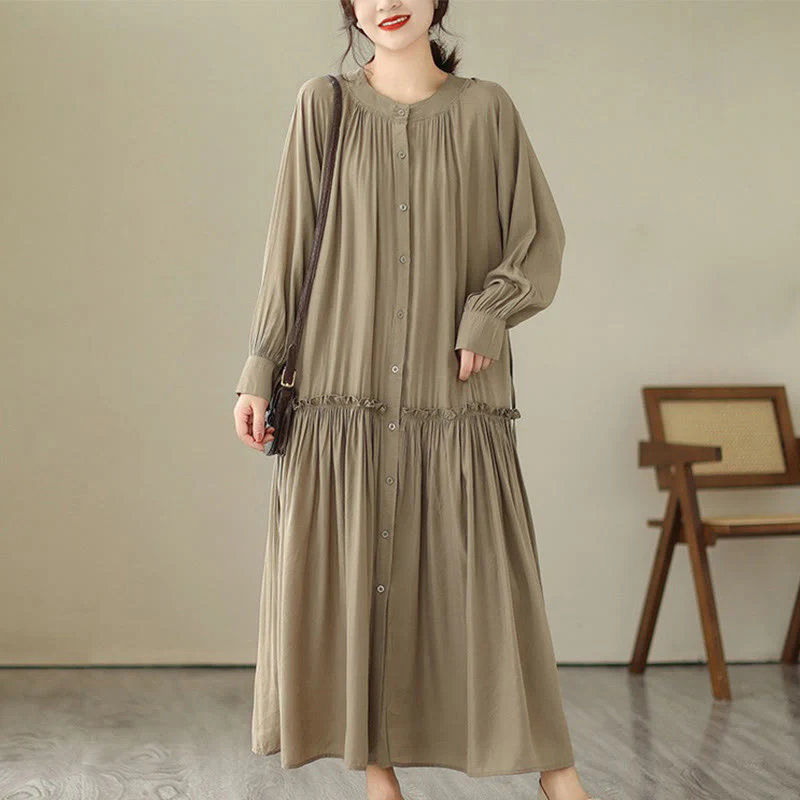 Buddha Stones Casual Plain Crew Neck Pleated Polyester Midi Dress With Pockets