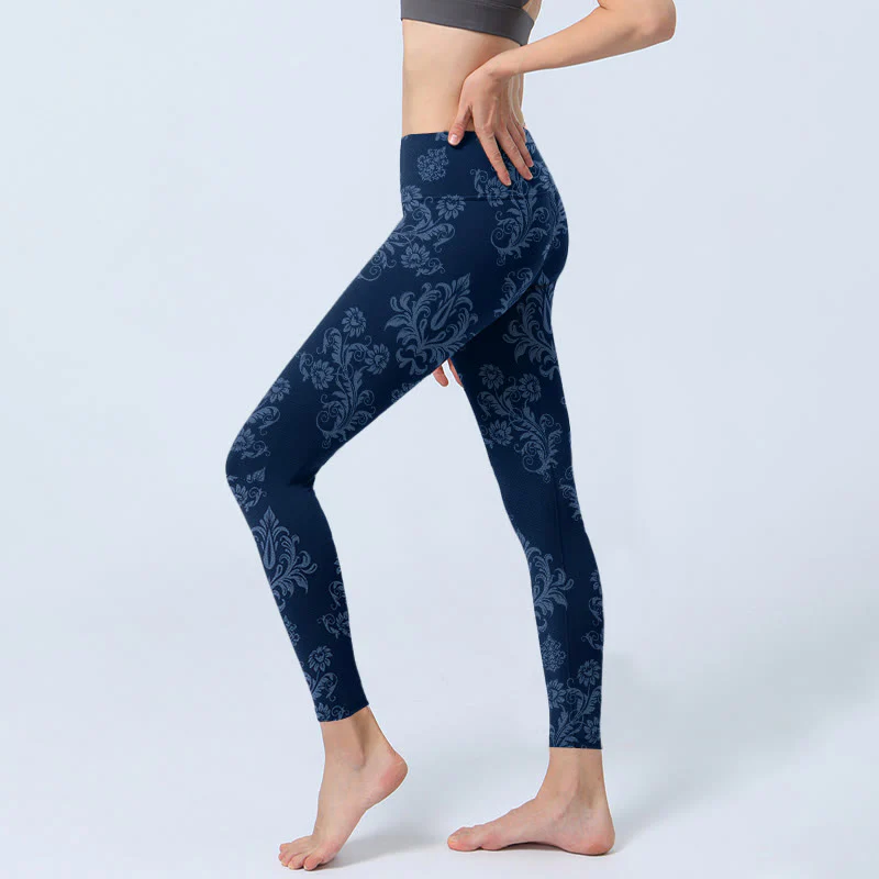 Buddha Stones Blue Floral Leaf Print Gym Leggings Women's Yoga Pants