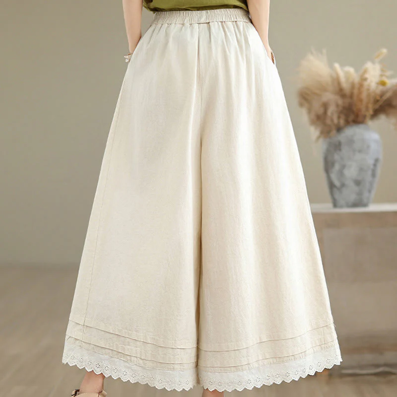 Buddha Stones Commute Simple Lace Design 7-8 Length Women's Wide Leg Cotton Linen Pants With Pockets