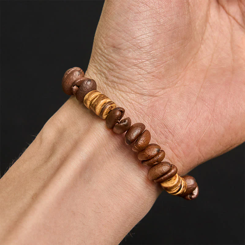 Buddha Stones Handmade Natural Coffee Beans Coconut Shell Happiness Bracelet