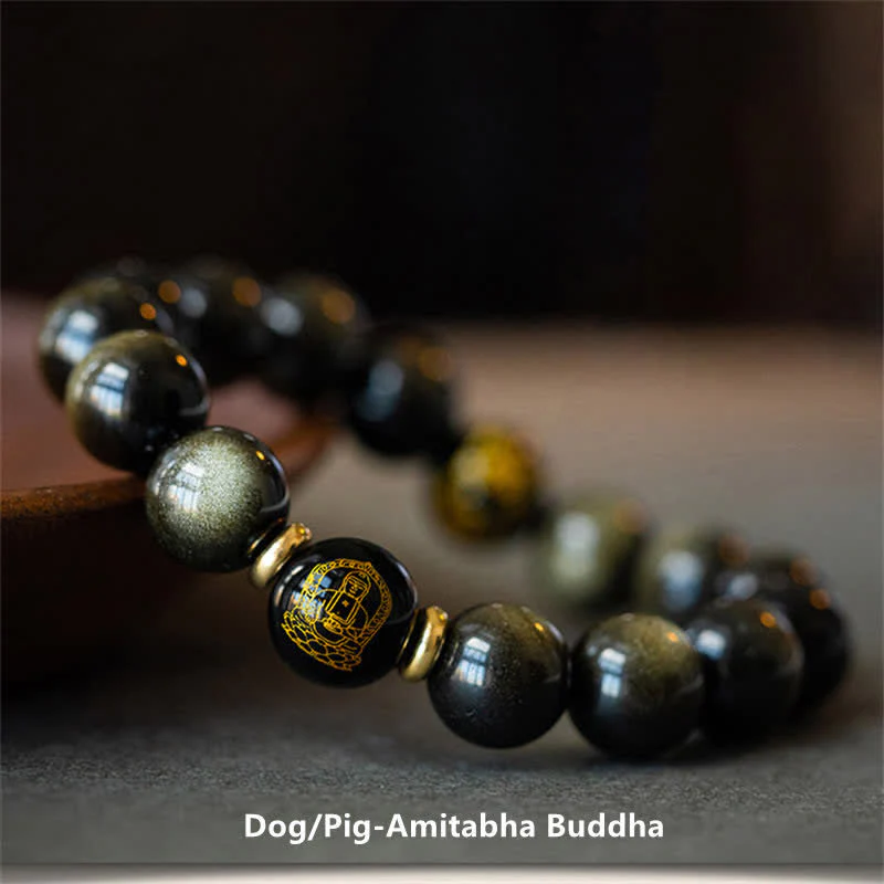 Buddha Stones Chinese Zodiac Natal Buddha Gold Sheen Obsidian Wealth Protection Bracelet
