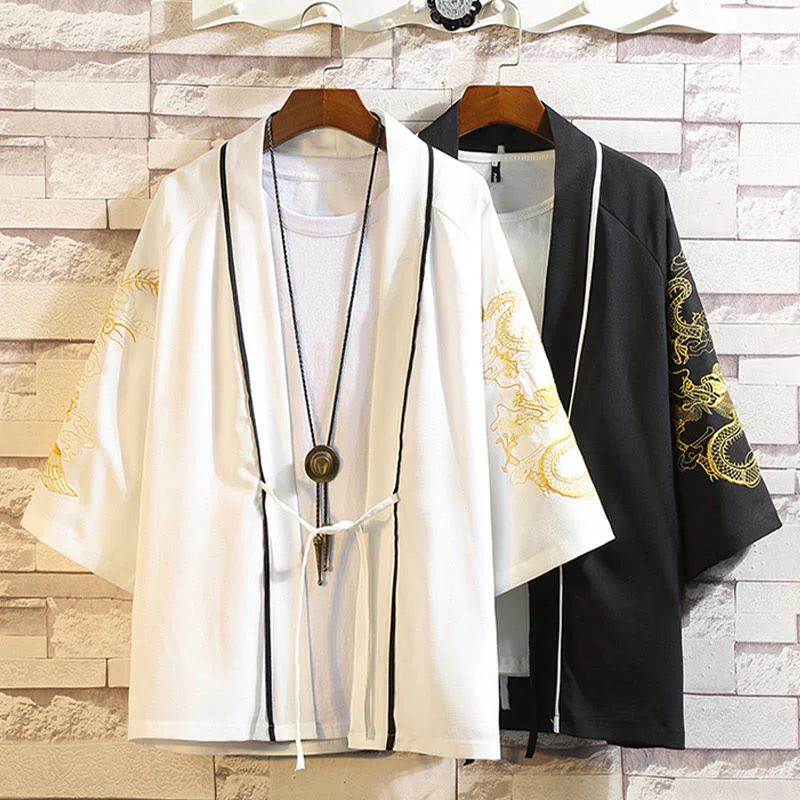 Buddha Stones Embroidery Dragon Phoenix Auspicious Cloud Waves Leaves Cranes Open Front Jacket Men's Kimono