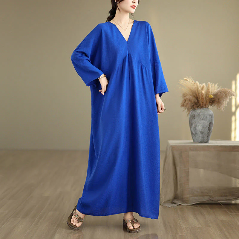 Buddha Stones Fall Casual V-Neck Long Sleeve Cotton Midi Dress