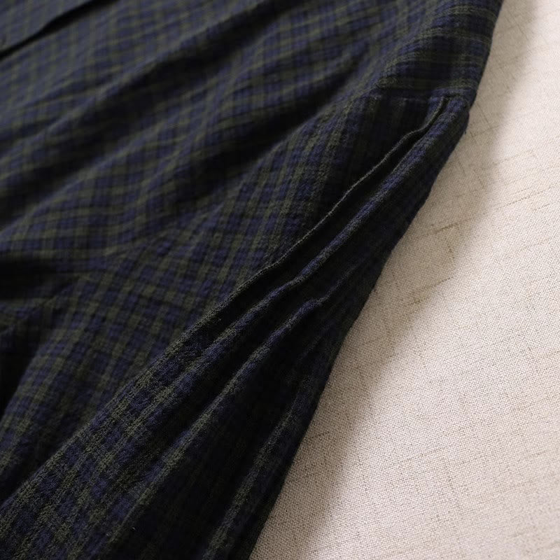 Buddha Stones Casual Plaid Simple Buttons Ruffled Design Cotton Linen Midi Dress With Pockets