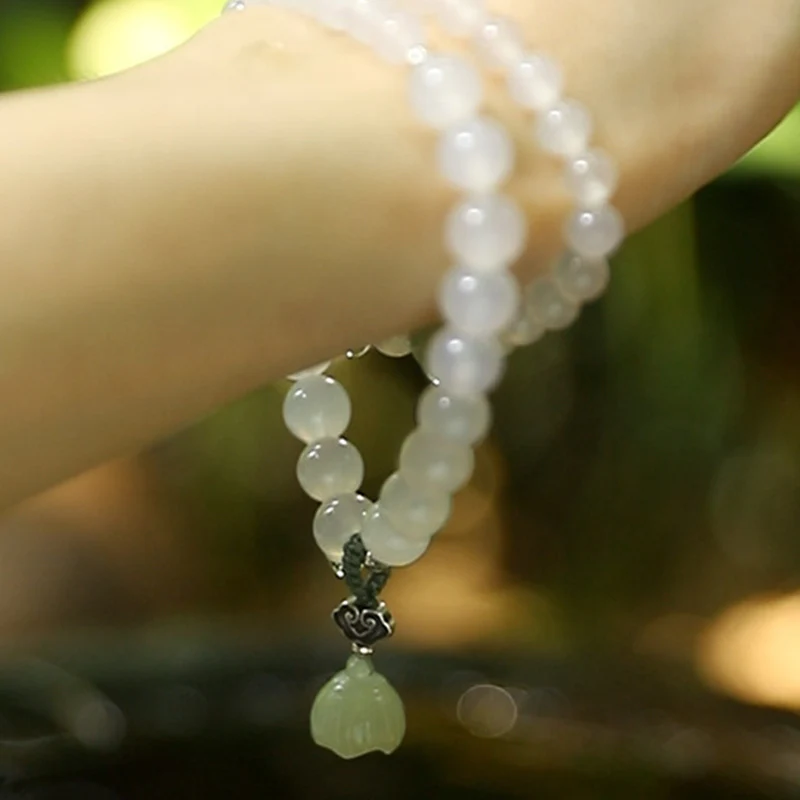 Buddha Stones White Agate Jade Lotus Protection Bracelet