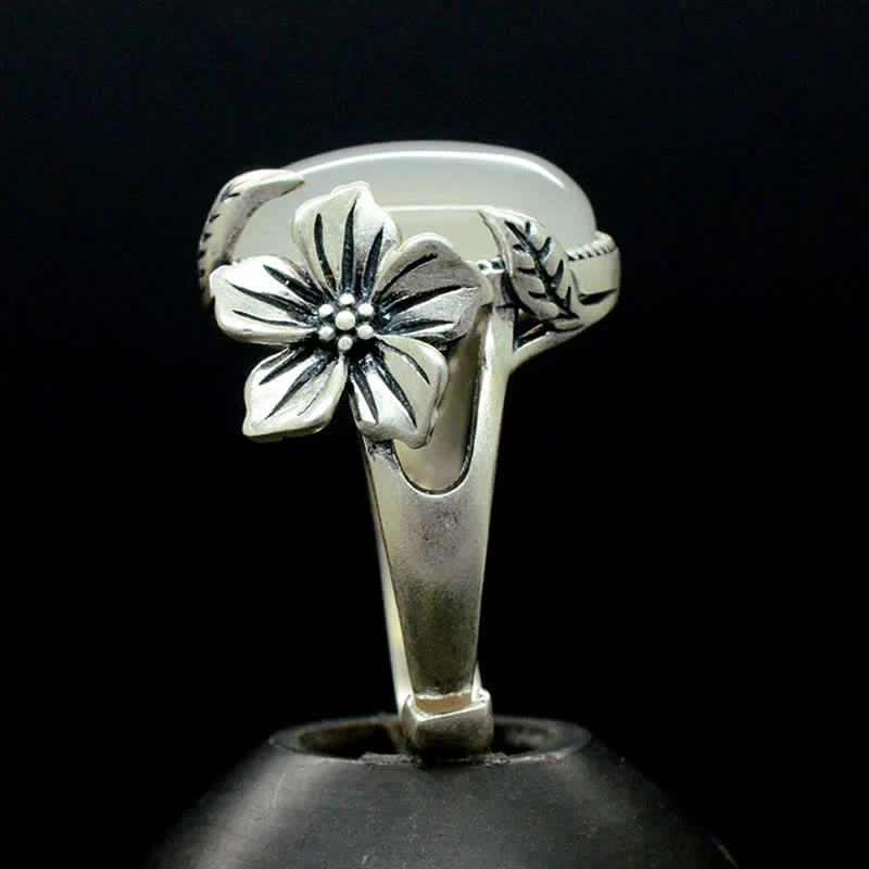 Buddha Stones 990 Sterling Silver Natural Chalcedony Plum Positive Harmony Ring